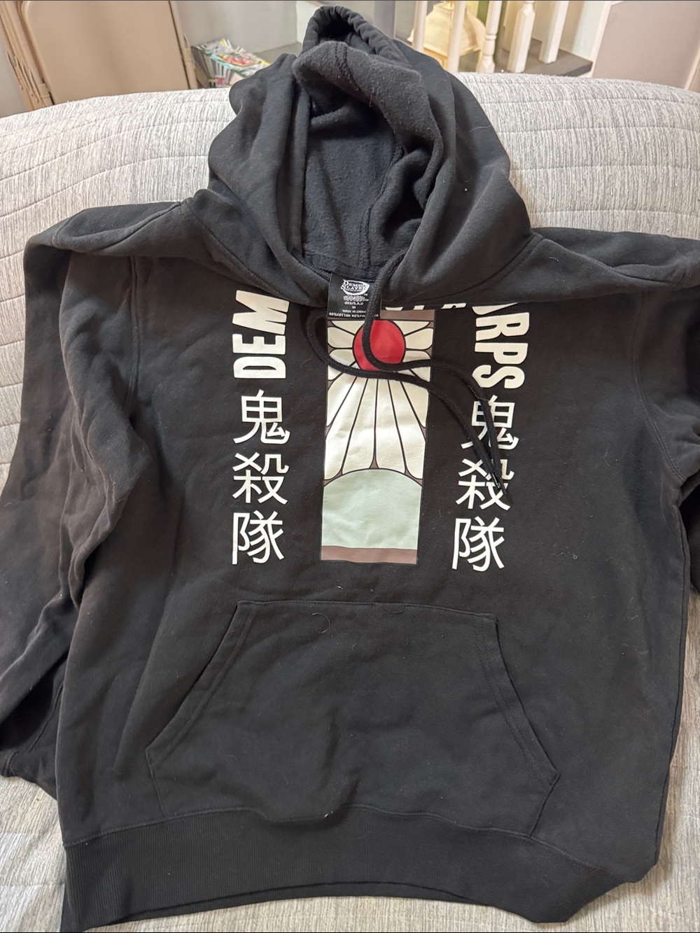 Black Graphic Pullover Hoodie with Asian-Inspired Panel #31